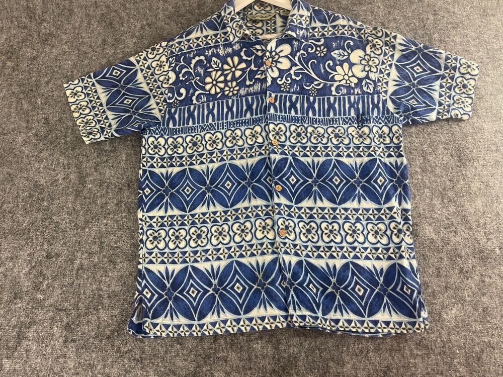 Club Shirt Mens Medium Floral Hawaiian Button Up Blue Flannel Short Sleeve N177